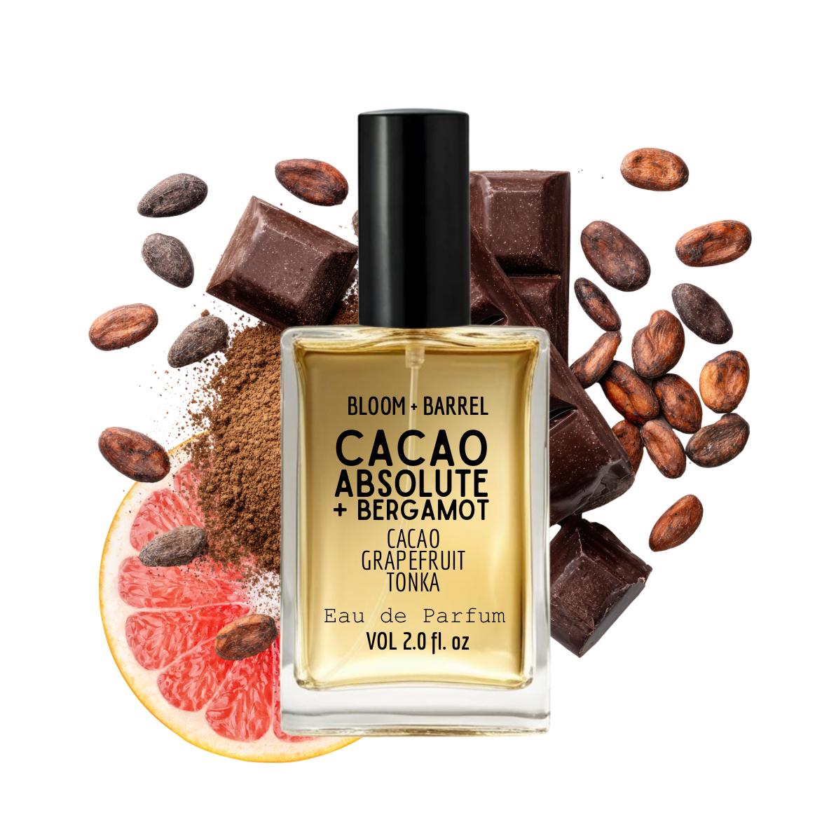 Perfume bottle labeled 'Cacao Absolute + Bergamot' surrounded by cacao beans and chocolate pieces on a white background.