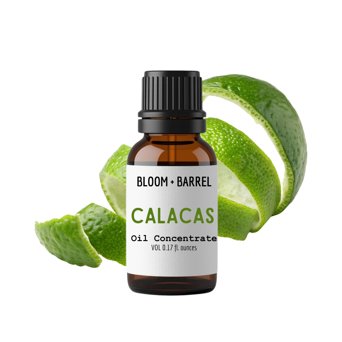 Bottle of Bloom & Barrel Calacas oil concentrate with green fruit on a white background