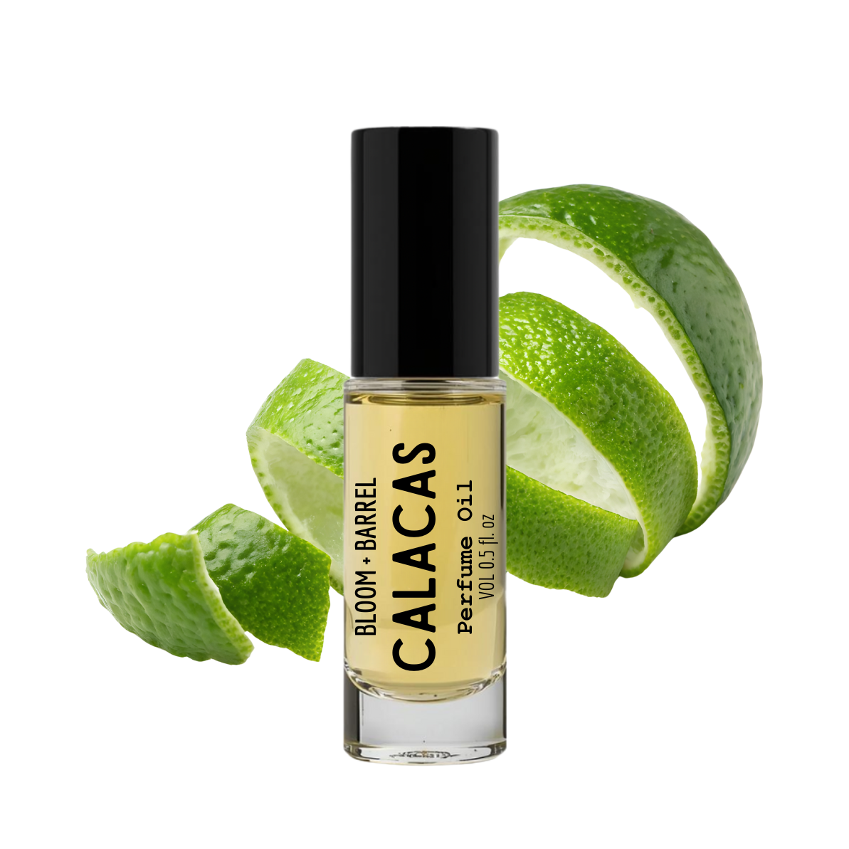 Perfume bottle labeled 'Calacas' with lime slices on a white background