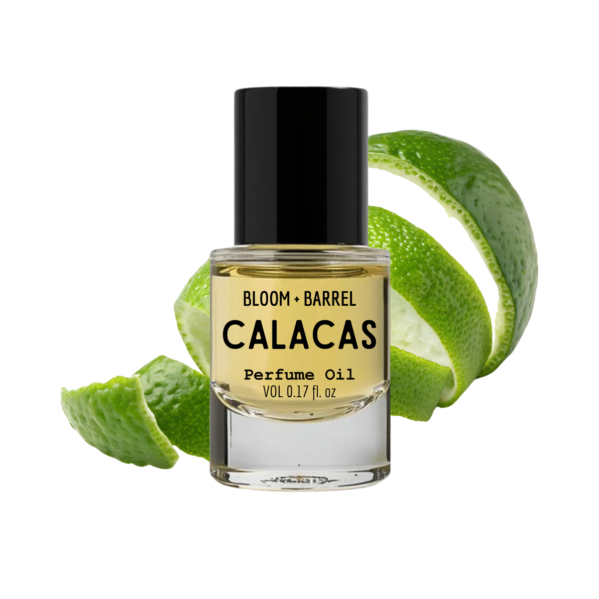 Perfume oil bottle labeled 'Calacas' with a lime in the background on a white background