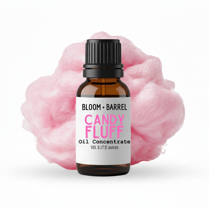 Bottle of Bloom & Barrel Candy Fluff oil concentrate with pink cotton candy on a white background