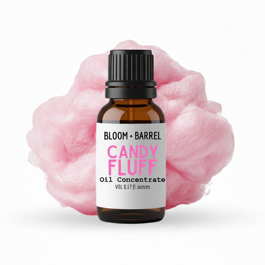 Bottle of Bloom & Barrel Candy Fluff oil concentrate with pink cotton candy on a white background