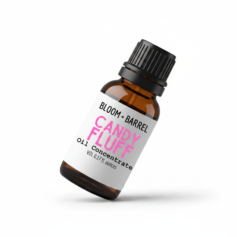 Bottle of Bloom & Barrel Candy Fluff oil concentrate on a white background