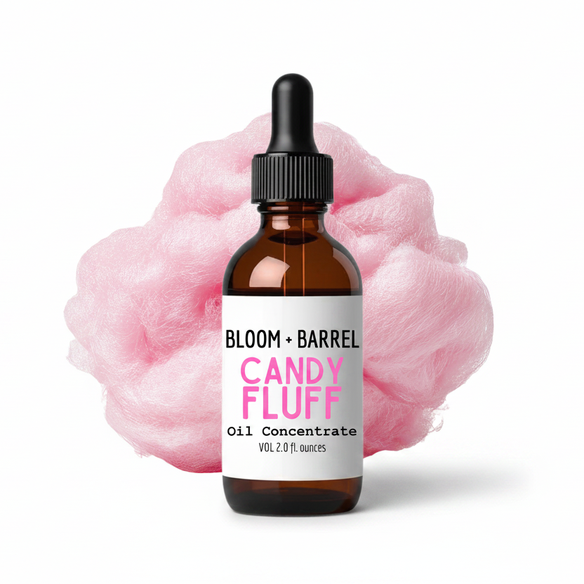 Bottle of Bloom + Barrel Candy Fluff oil concentrate with pink cotton candy on a white background