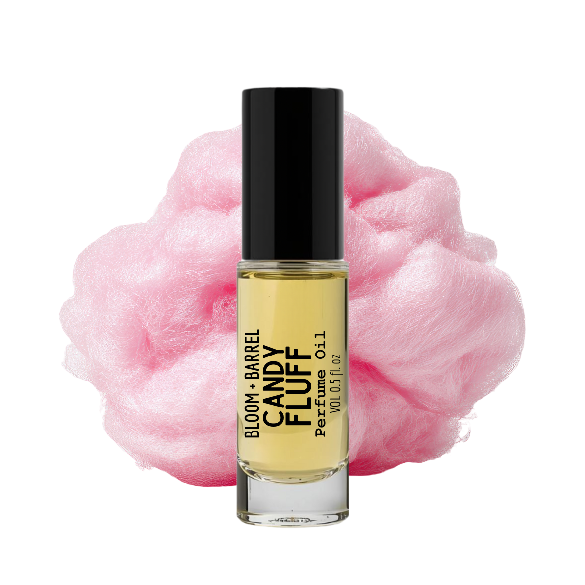 Perfume bottle labeled 'Bloom & Barrel Candy Fluff' with pink cotton candy on a white background