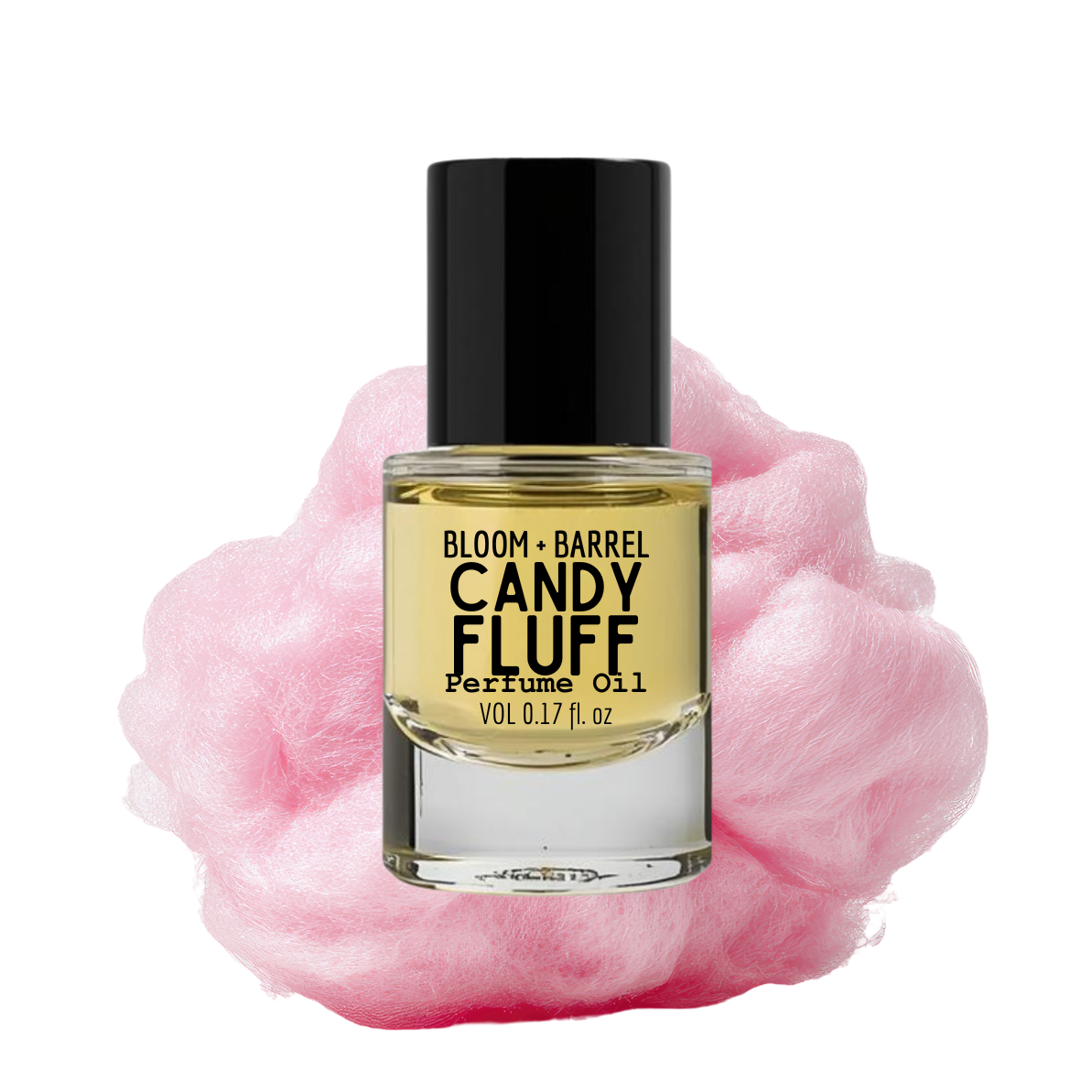 Perfume oil bottle labeled 'Candy Fluff' with pink cotton candy on a white background