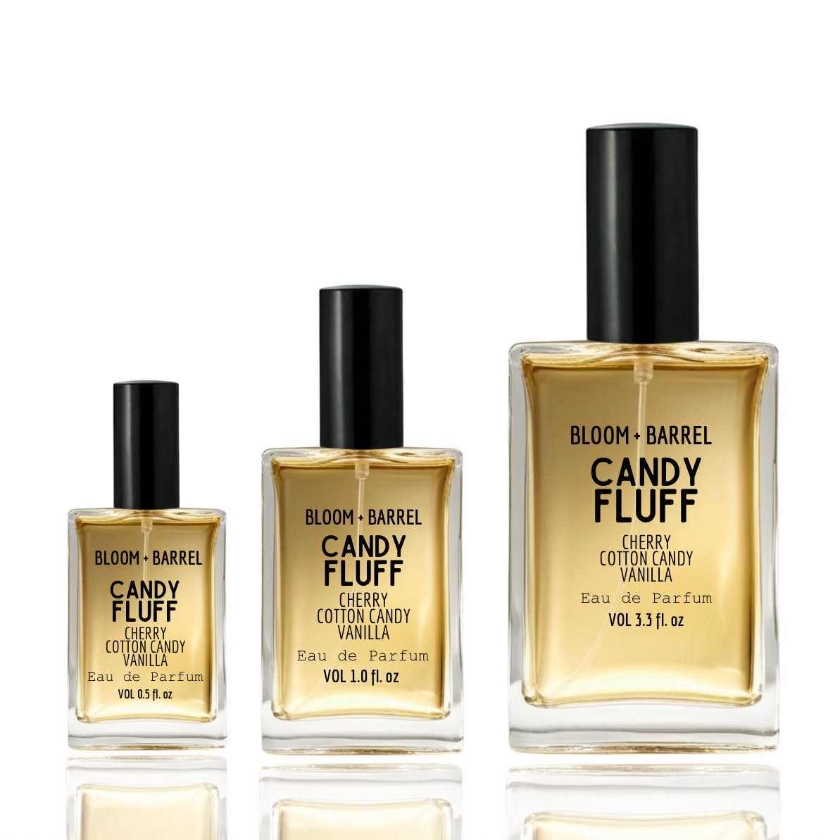 Three bottles of Bloom + Barrel Candy Fluff perfume on a white background