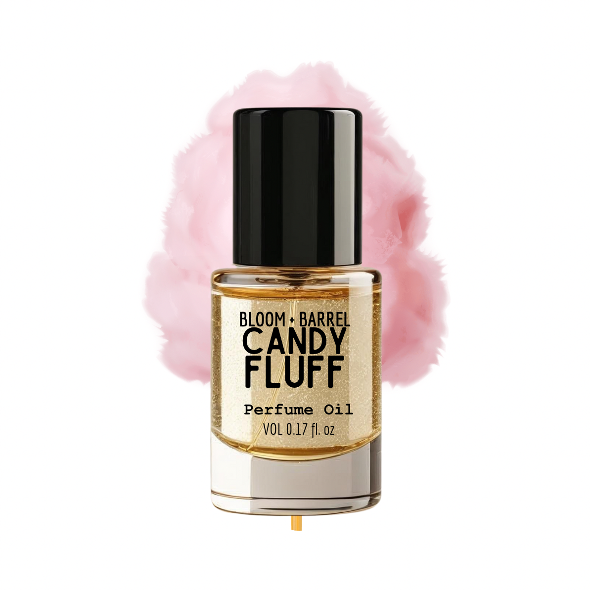 Perfume oil bottle labeled 'Candy Fluff' with a pink fluffy object on a white background