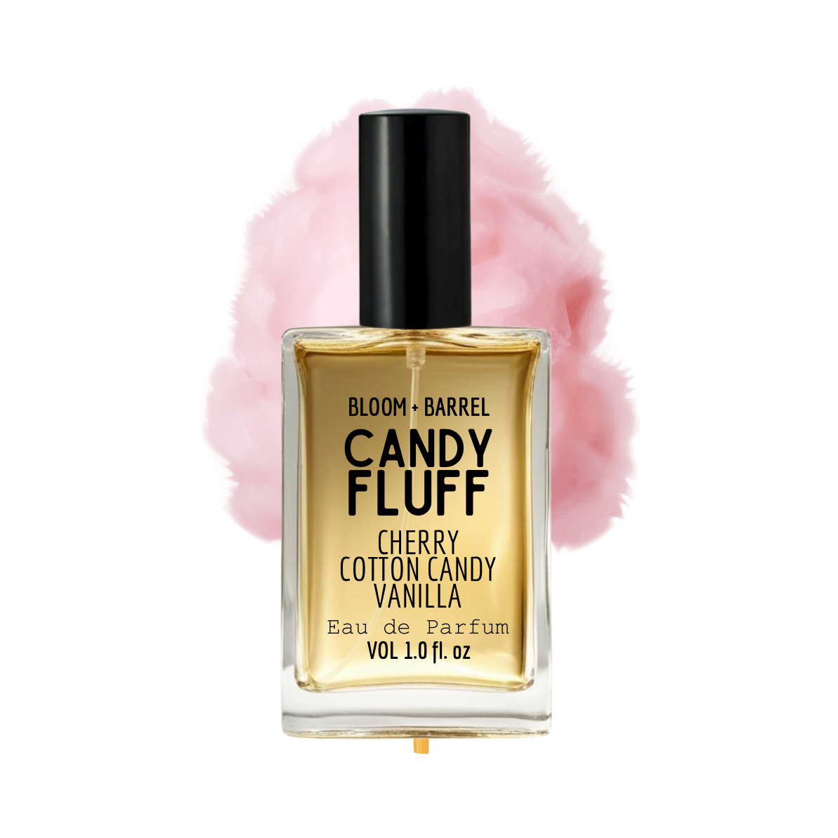 Perfume bottle labeled 'Candy Fluff' with pink cotton candy in the background