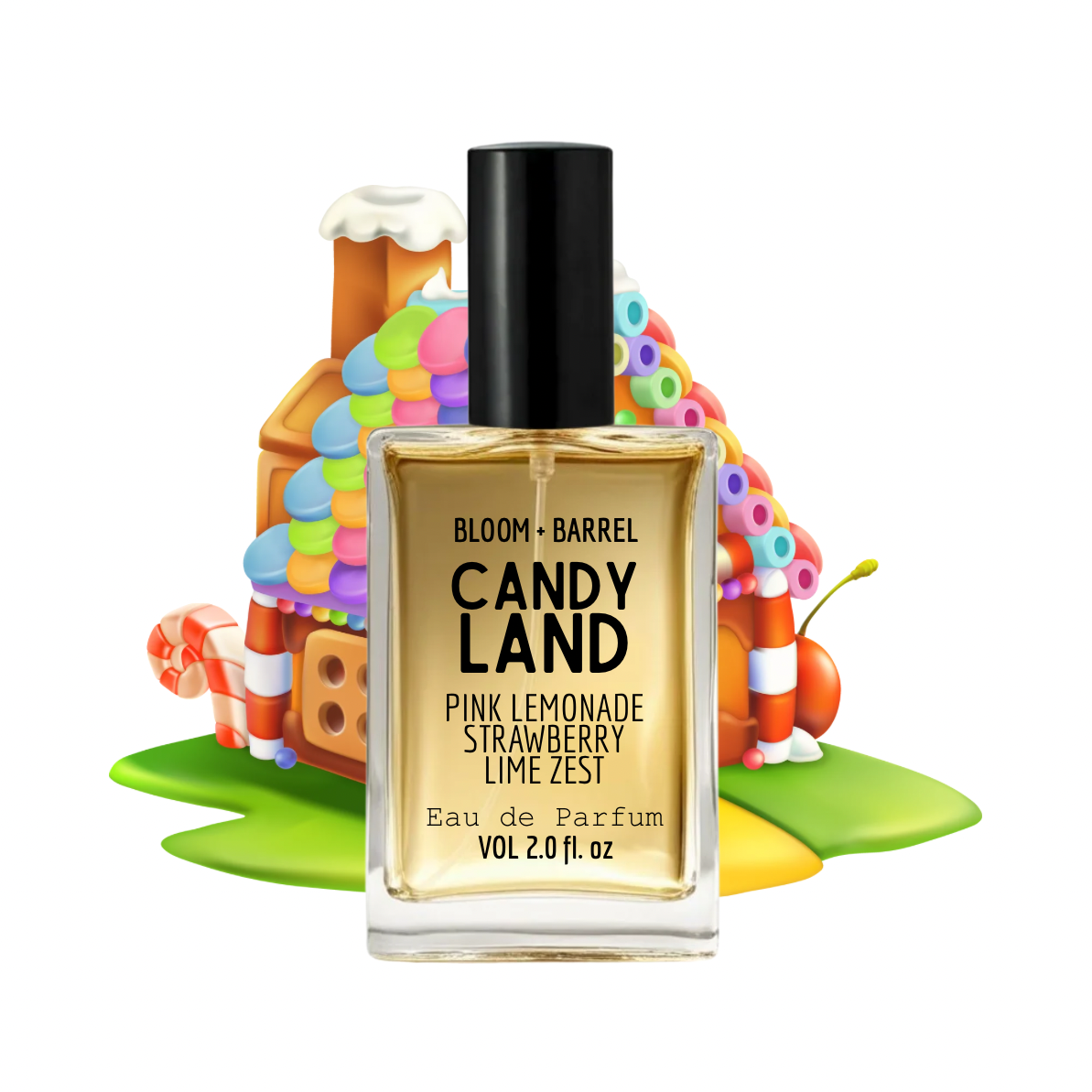 Perfume bottle labeled 'Candy Land' with a colorful candy-themed house in the background