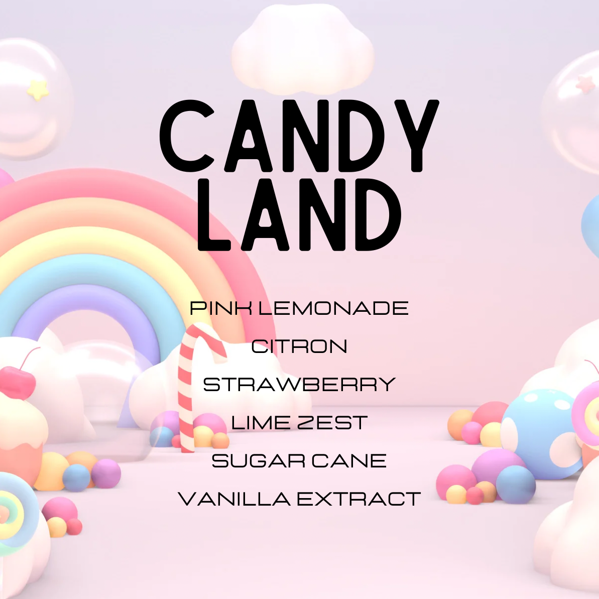 Colorful candy-themed background with 'Candy Land' text and flavor names.