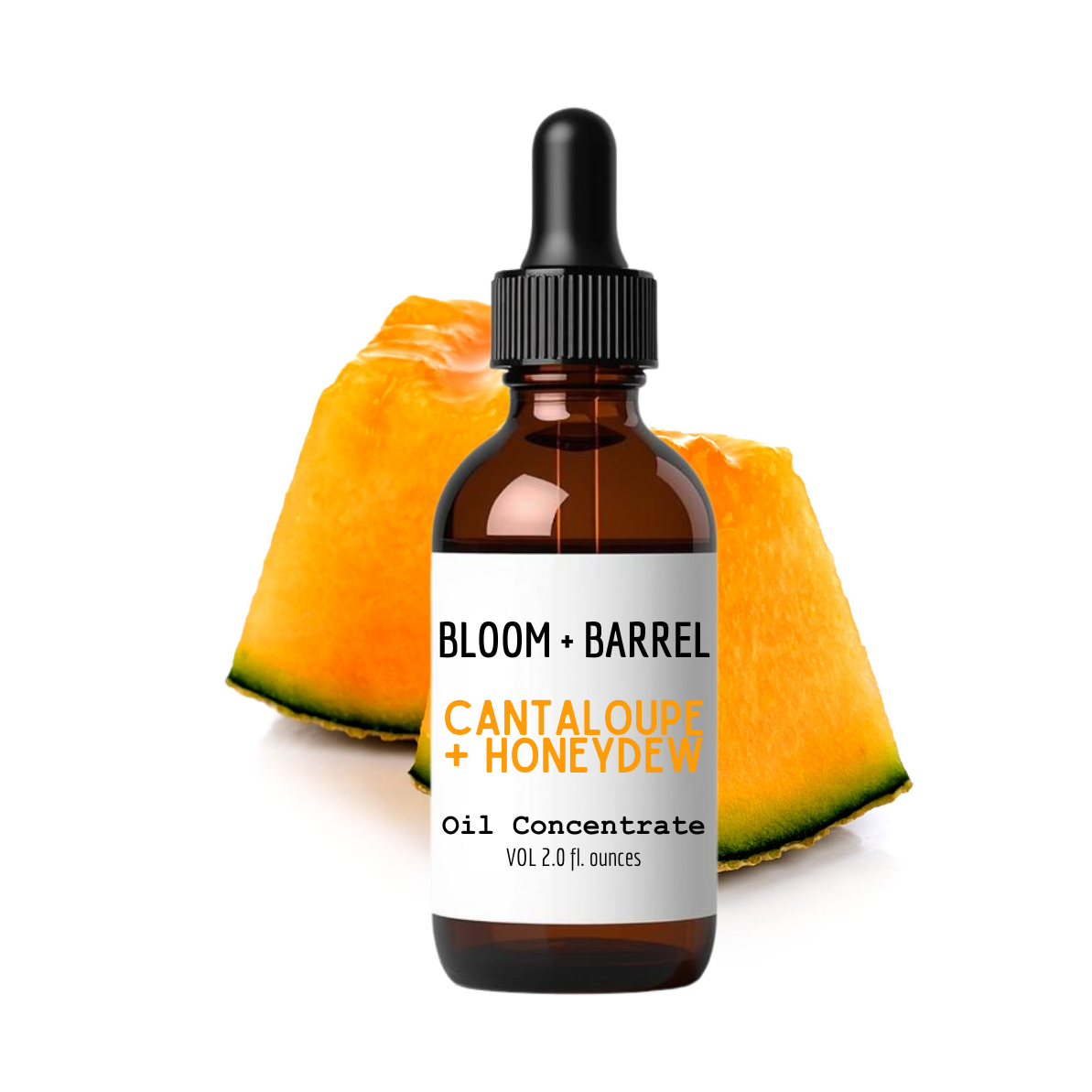 Bottle of Bloom + Barrel Cantaloupe + Honeydew oil concentrate with cantaloupe slices on a white background