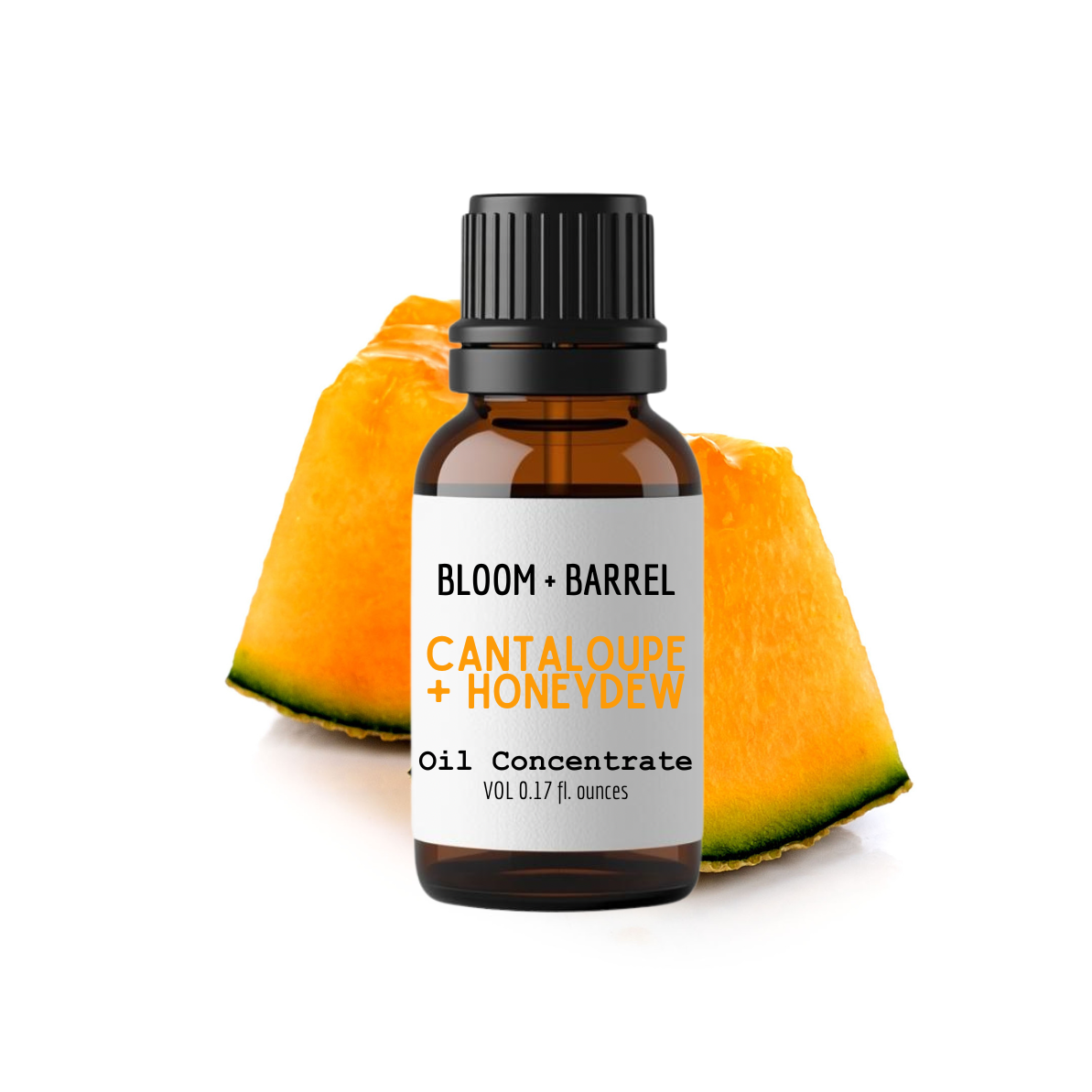 Bottle of Bloom & Barrel Cantaloupe + Honeydew oil concentrate with a cantaloupe slice on a white background