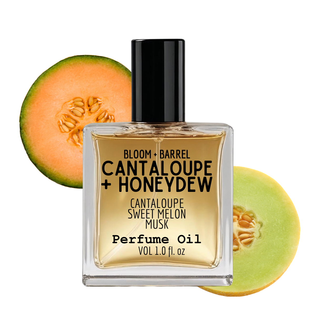 Perfume oil bottle labeled 'Cantaloupe + Honeydew' with slices of cantaloupe on a white background