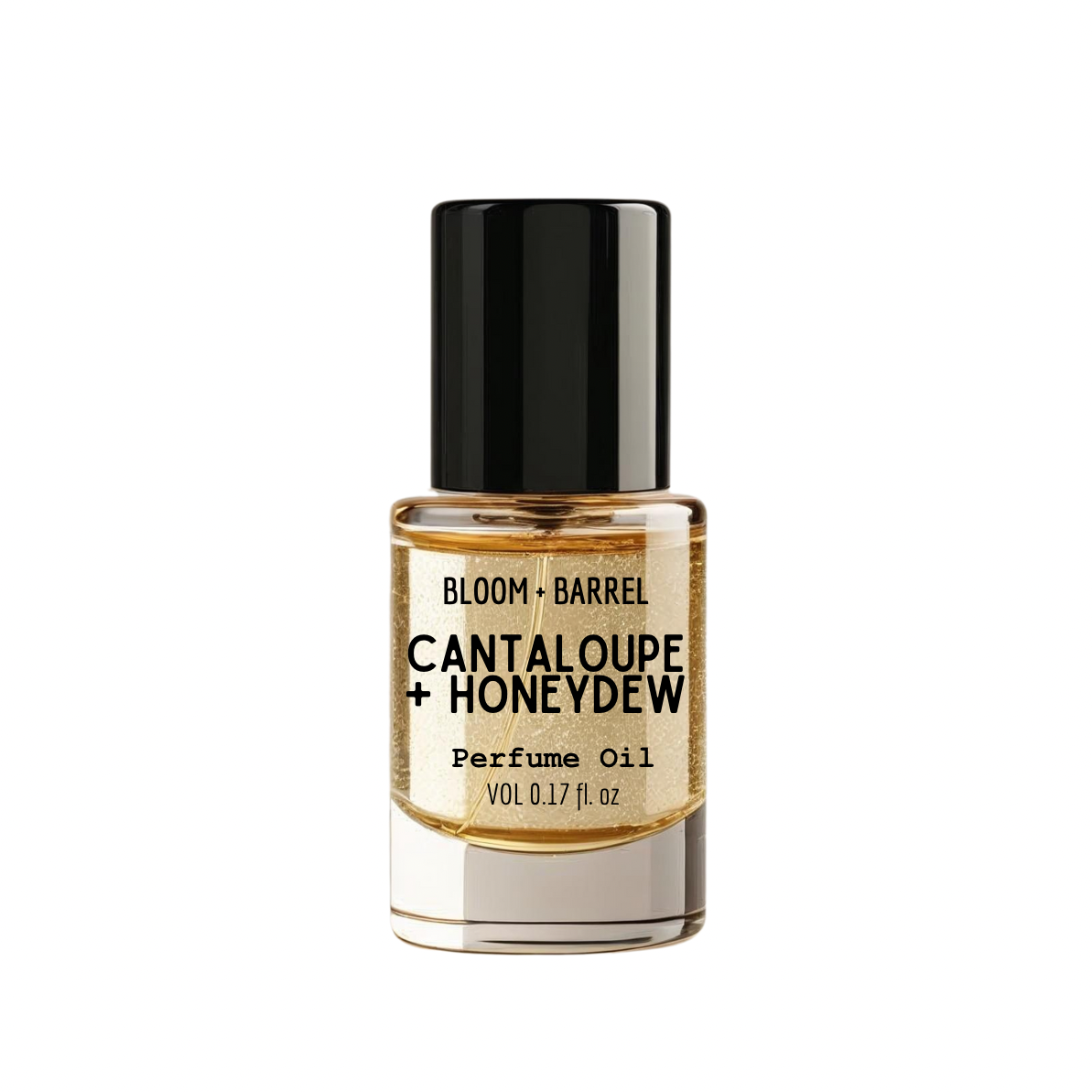 Perfume oil bottle labeled 'Cantaloupe + Honeydew' by Bloom + Barrel on a white background