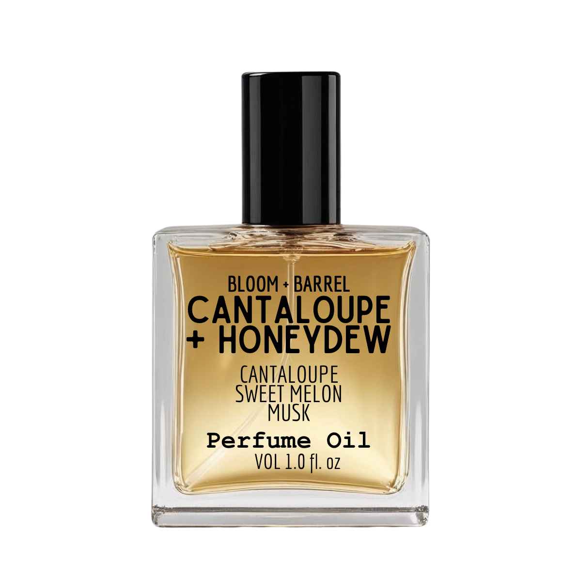 Perfume oil bottle labeled 'Cantaloupe + Honeydew' on a white background