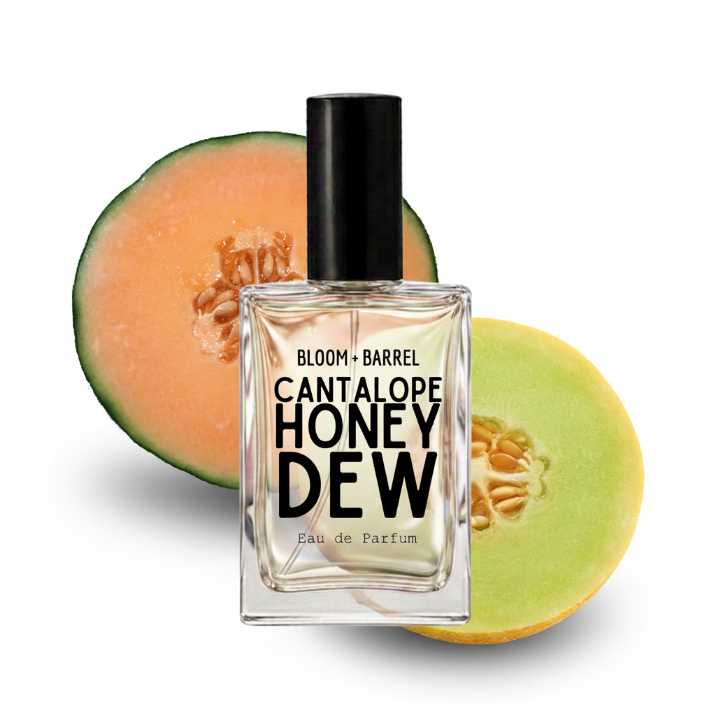 A clear glass perfume bottle labeled 'BLOOM + BARREL CANTALOPE HONEY DEW Eau de Parfum' with a black cap, centered in front of sliced cantaloupe melon halves on a white background.