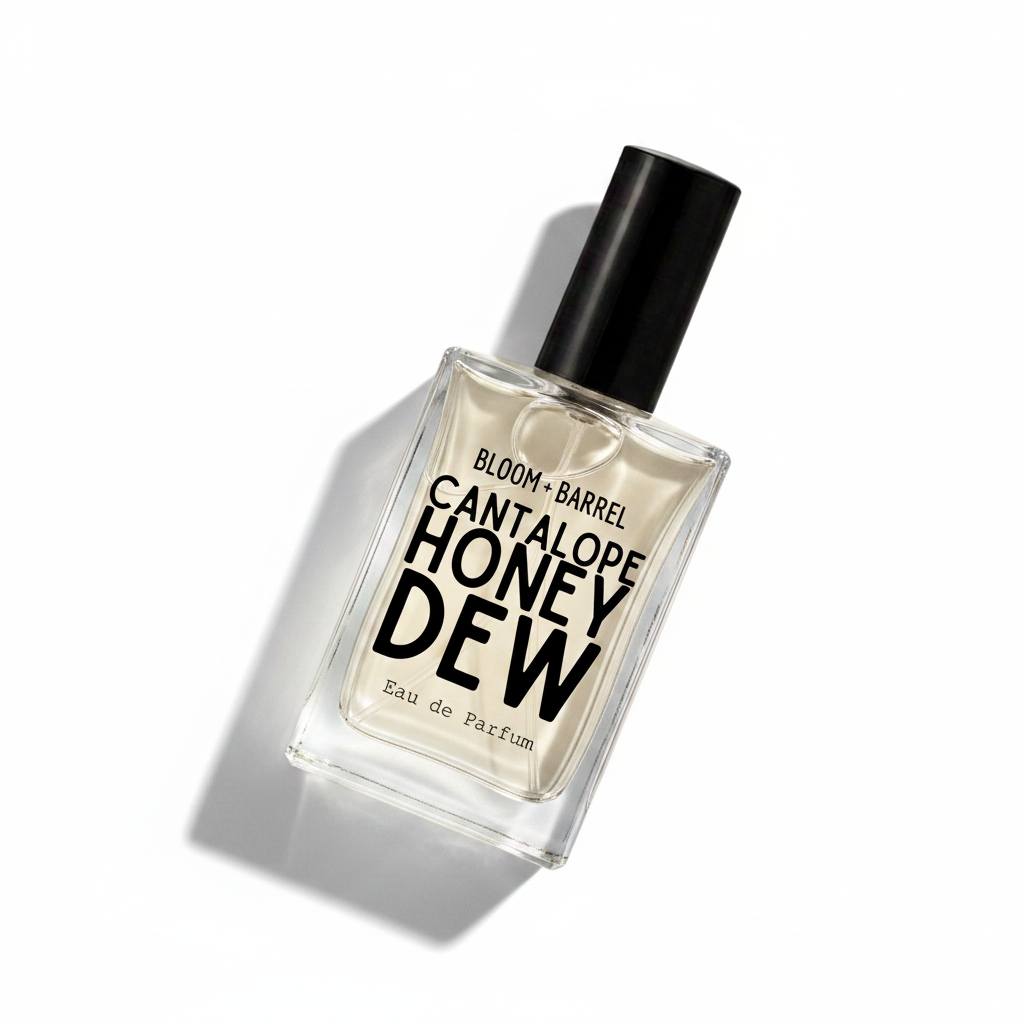 A rectangular glass perfume bottle filled with pale honey-colored liquid, featuring a black cylindrical cap and bold black text on the front reading 'BLOOM • BARREL CANTALOPE HONEY DEW Eau de Parfum'.