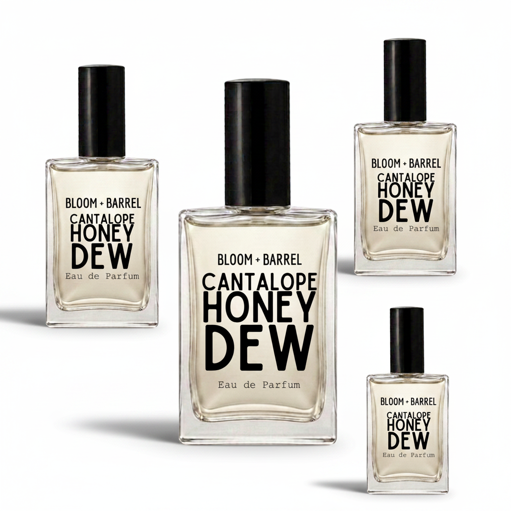 Four glass bottles of BLOOM + BARREL Cantaloupe Honey Dew Eau de Parfum in different sizes, arranged on a plain white background.