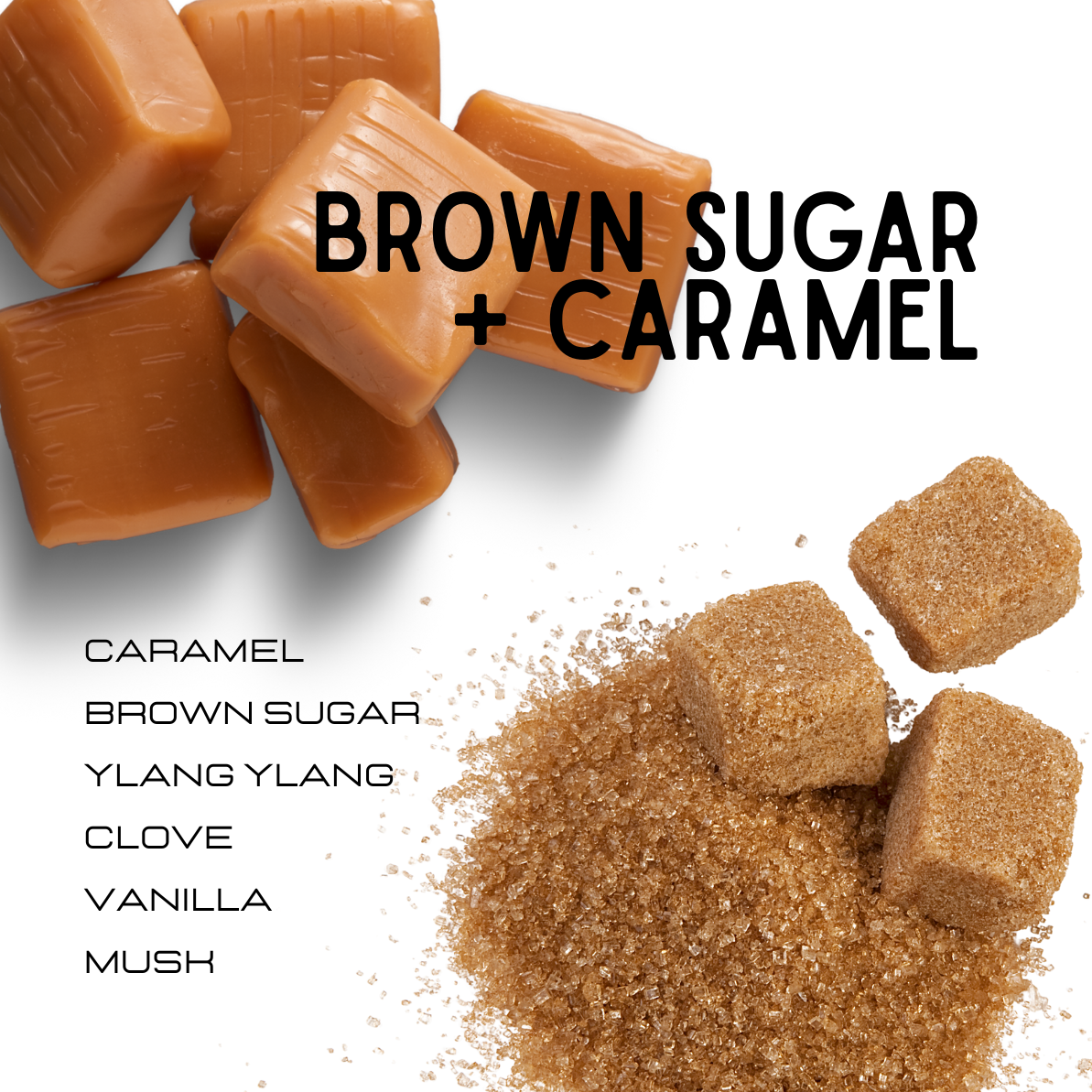 Brown sugar and caramel cubes with text overlay on a white background