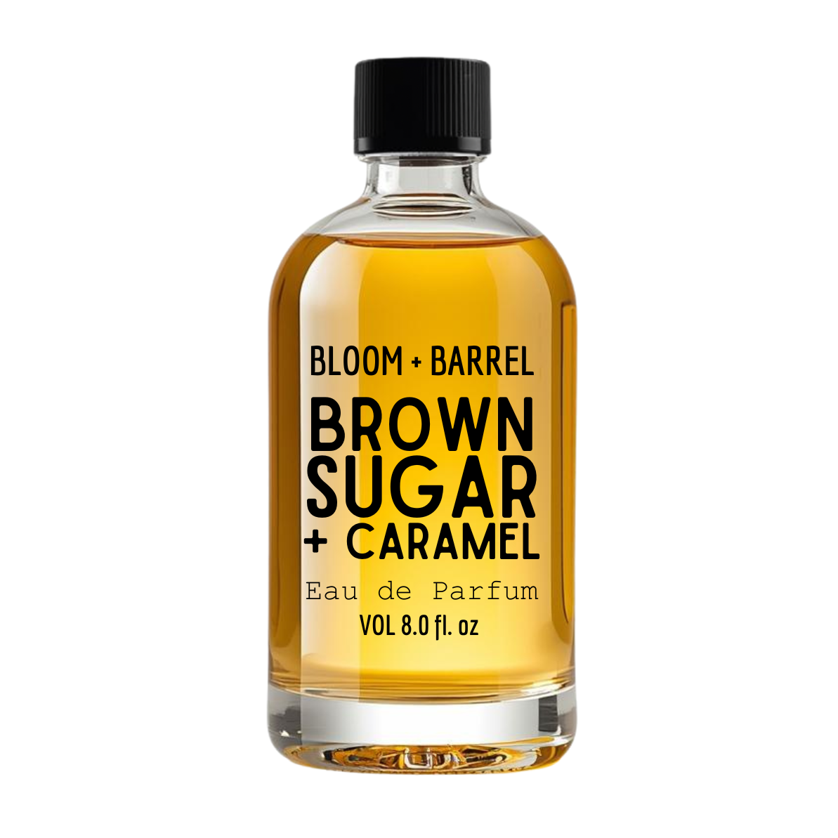 Bottle of Bloom + Barrel Brown Sugar + Caramel eau de parfum on a white background