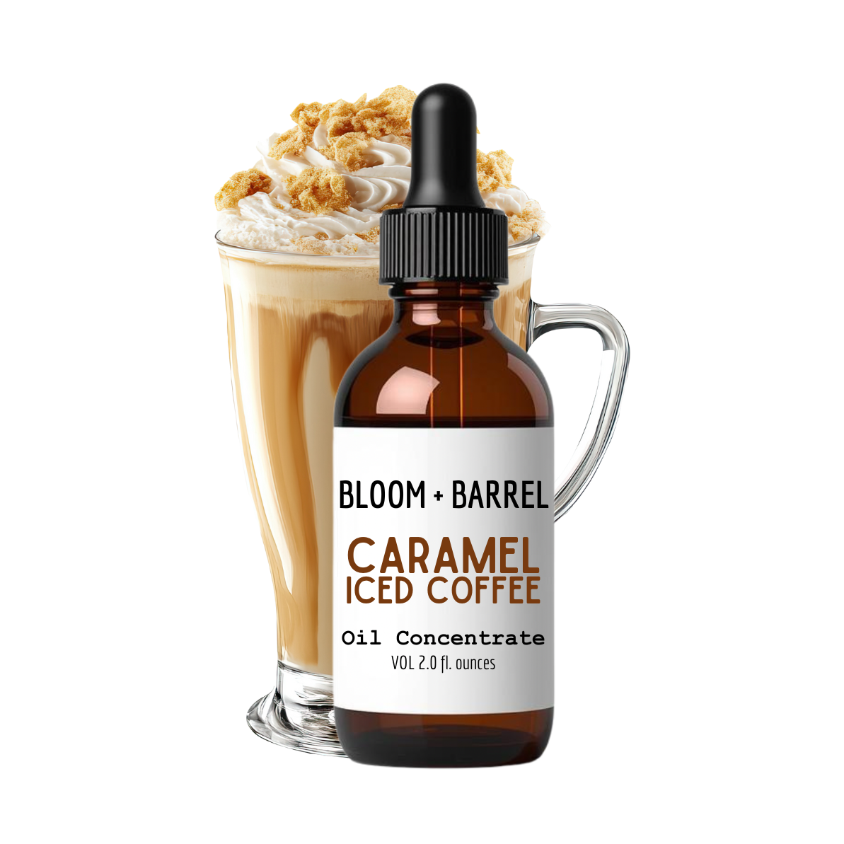 Bottle of Bloom + Barrel Caramel Iced Coffee Oil Concentrate with a coffee drink in the background