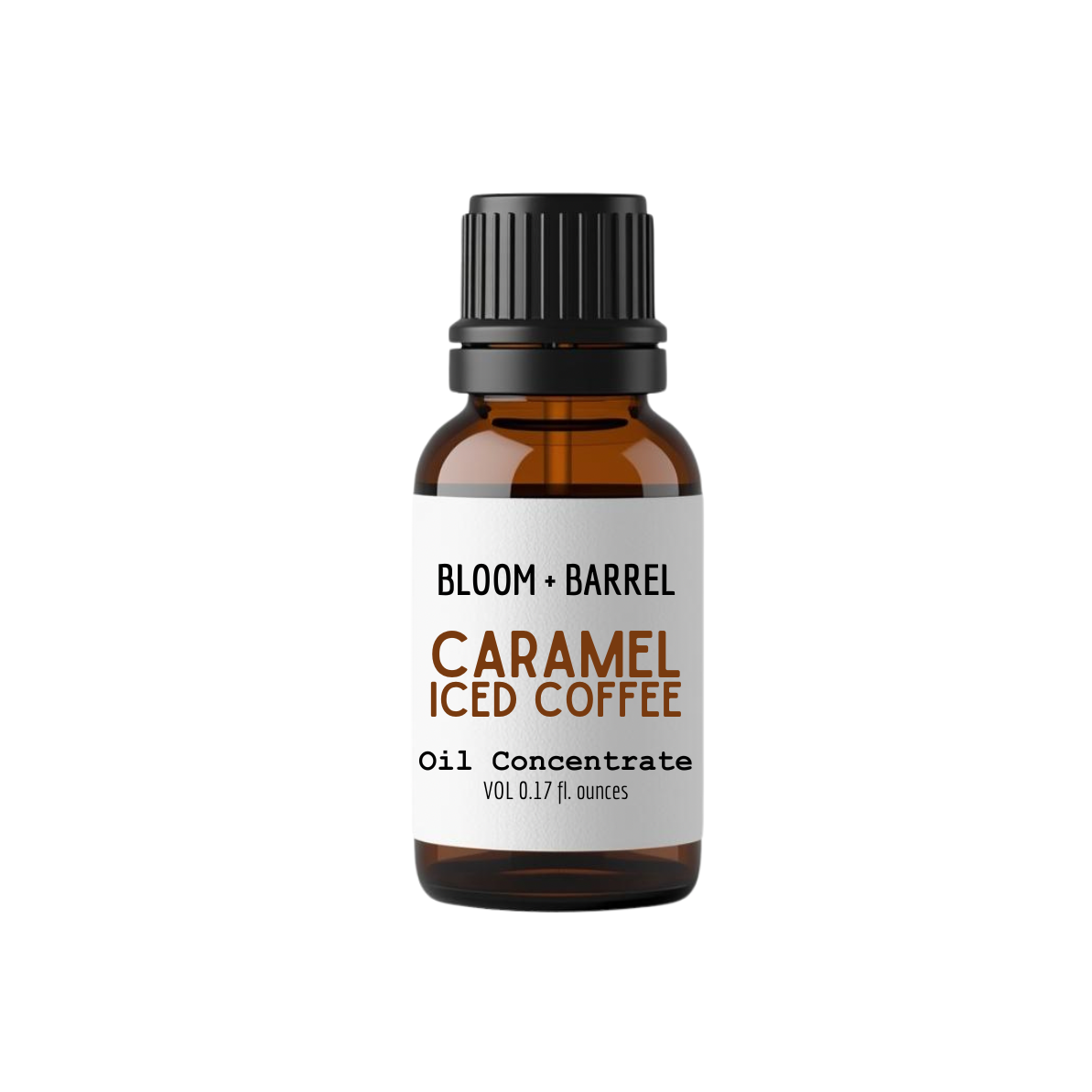Bottle of Bloom & Barrel Caramel Iced Coffee oil concentrate on a white background