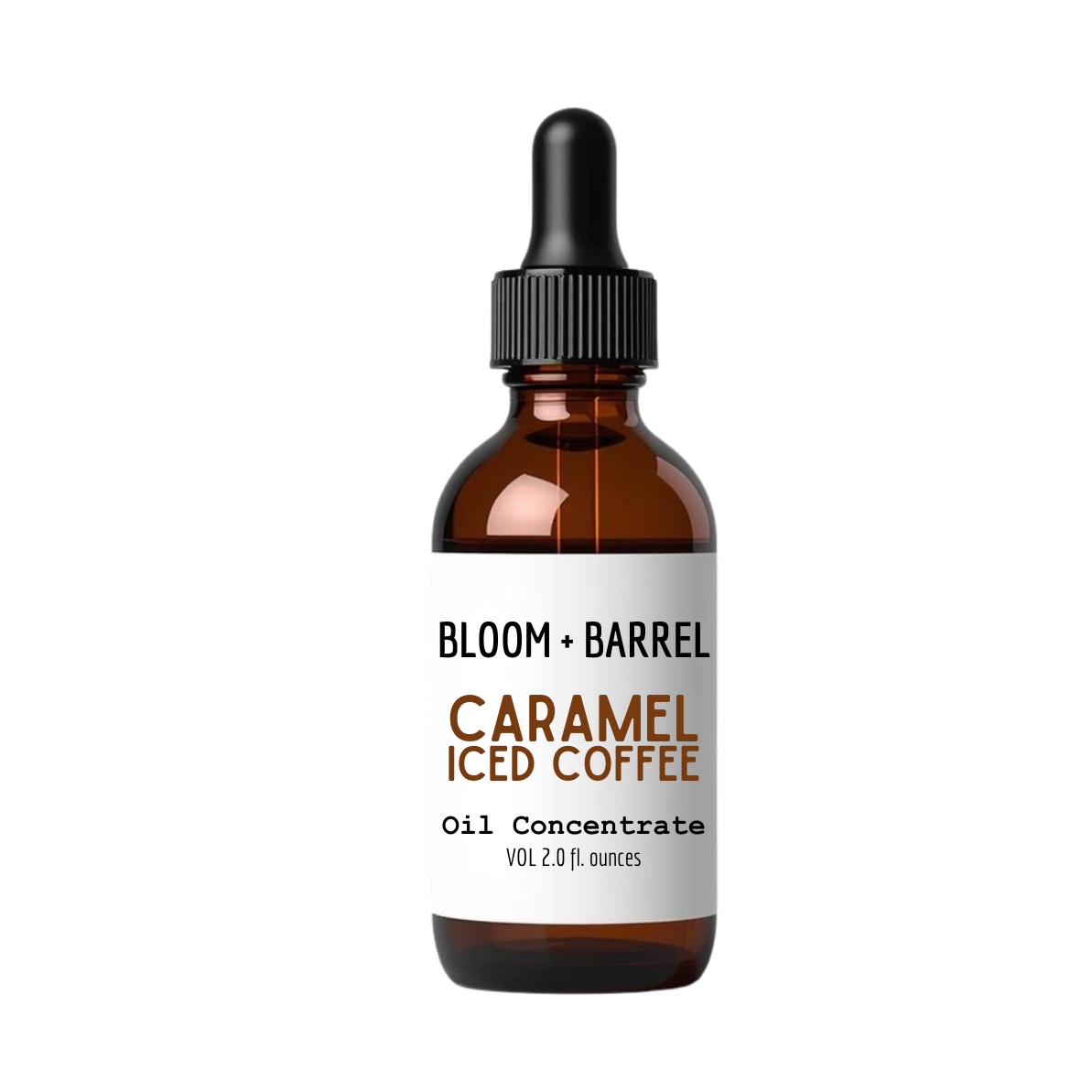 Bottle of Bloom + Barrel Caramel Iced Coffee Oil Concentrate on a white background