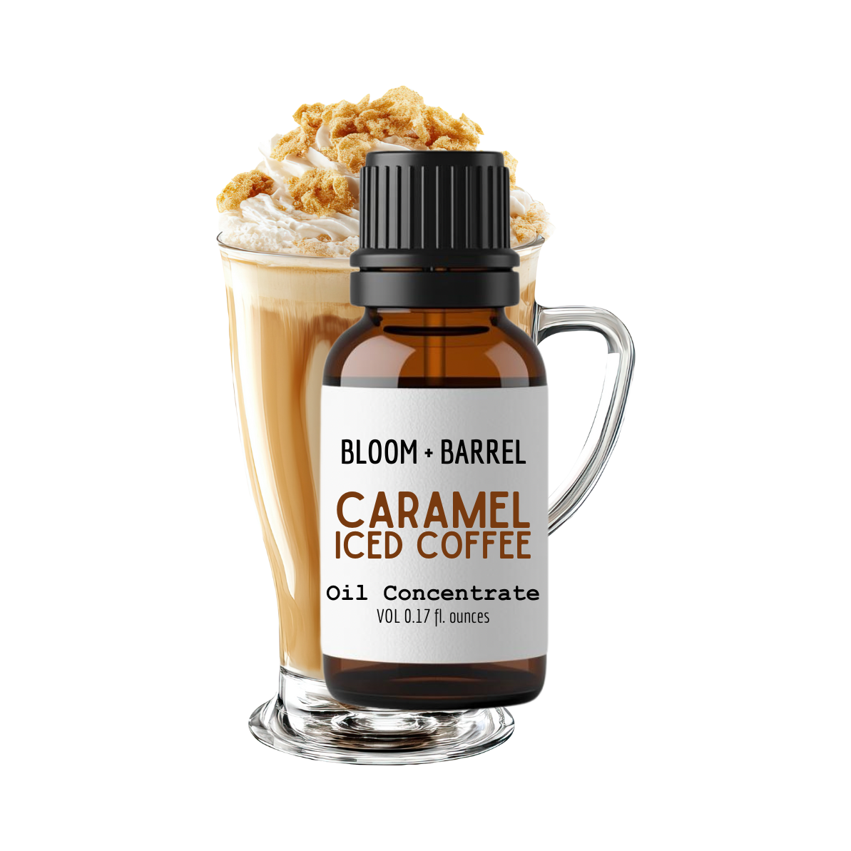 Bottle of Bloom & Barrel Caramel Iced Coffee Oil Concentrate with a coffee drink in the background