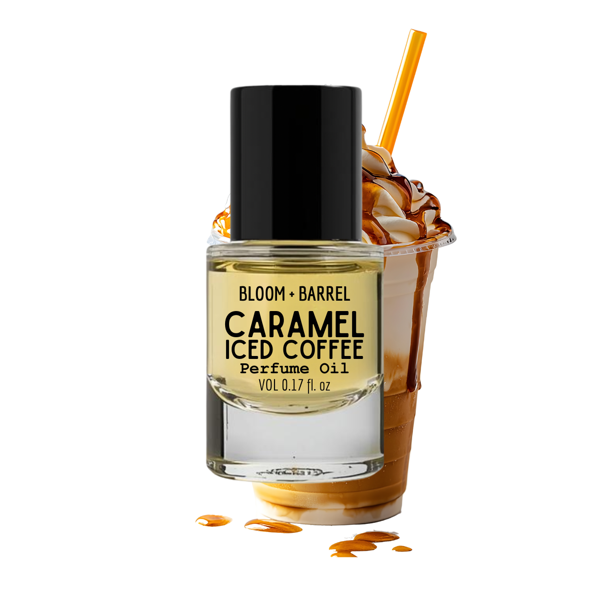 Bottle of Bloom & Barrel Caramel Iced Coffee perfume oil with a cup of iced coffee.