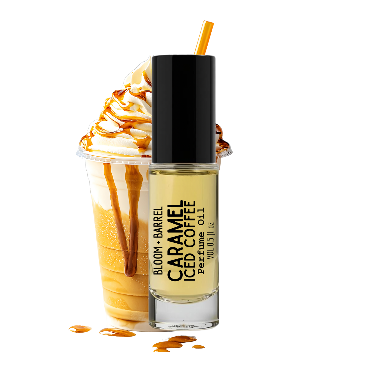 Bottle of Caramel Iced Coffee perfume with a cup of caramel iced coffee on a white background