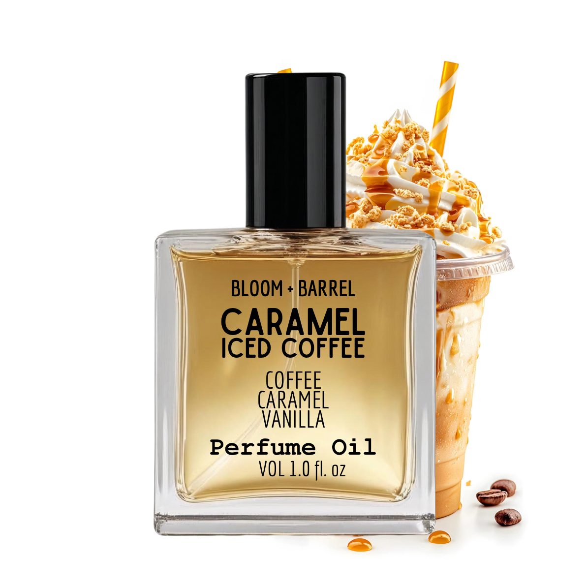 Perfume oil bottle labeled 'Caramel Iced Coffee' with a cup of caramel iced coffee in the background.