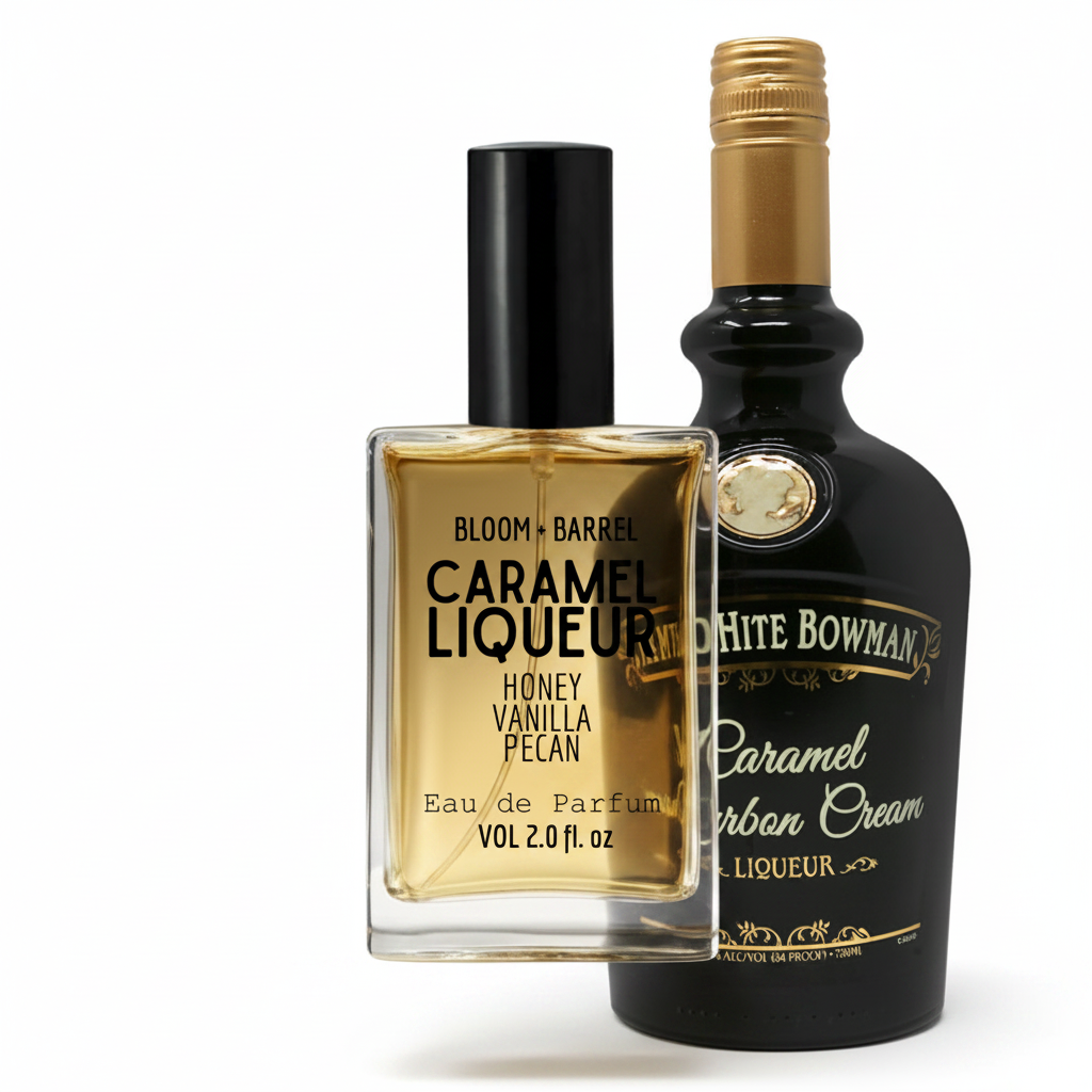 Two bottles of 'Bloom & Barrel' Caramel Liqueur and 'White Bowman' Caramel Cream Liqueur on a white background.