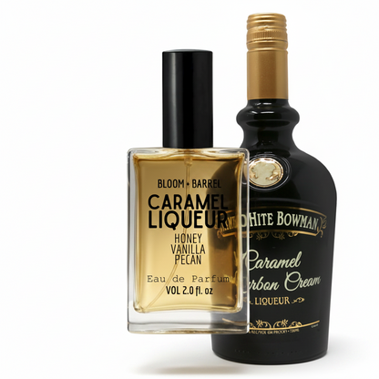 Two bottles of 'Bloom & Barrel' Caramel Liqueur and 'White Bowman' Caramel Cream Liqueur on a white background.