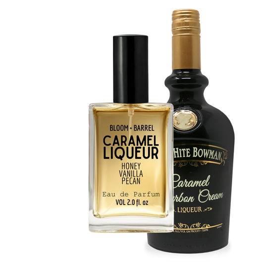 Two bottles of 'Bloom & Barrel' Caramel Liqueur and 'White Bowman' Caramel Cream Liqueur on a white background.