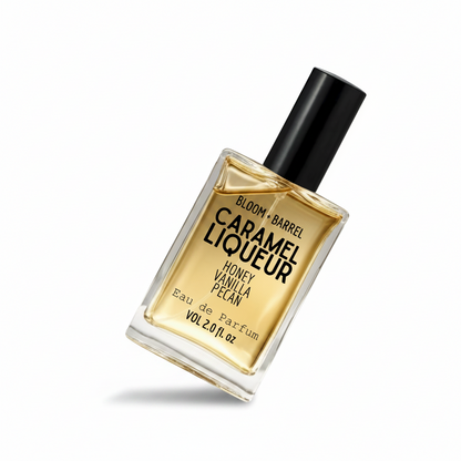 Perfume bottle labeled 'Caramel Liqueur' by Bloom & Barrel on a white background