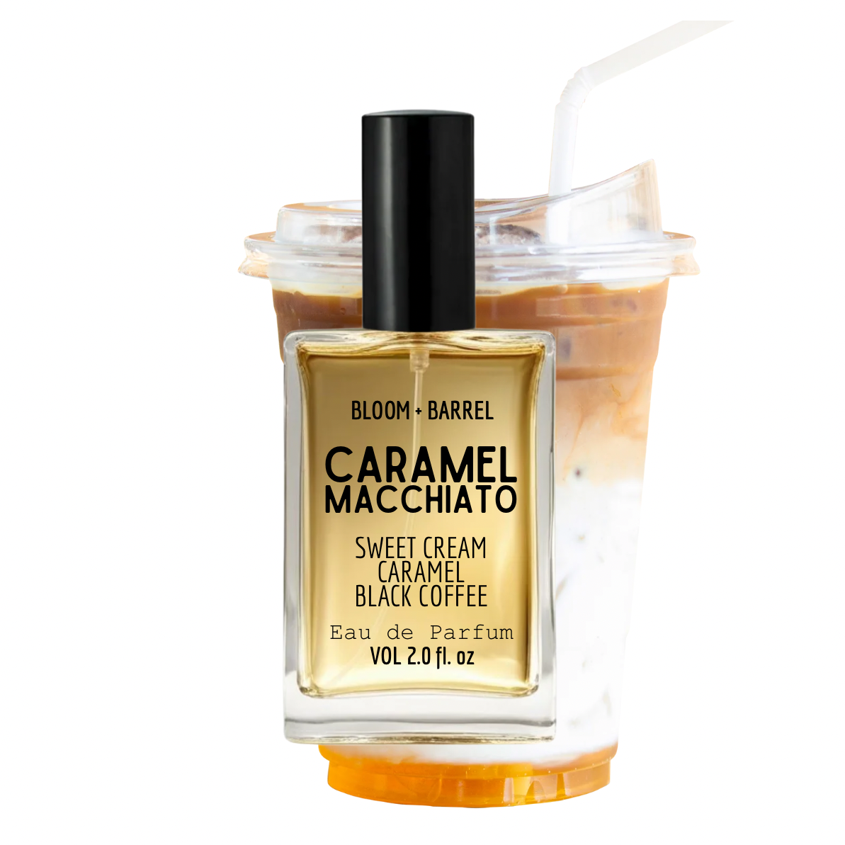 Bloom + Barrel Caramel Macchiato Eau de Parfum bottle in front of an iced coffee cup graphic on a white background.