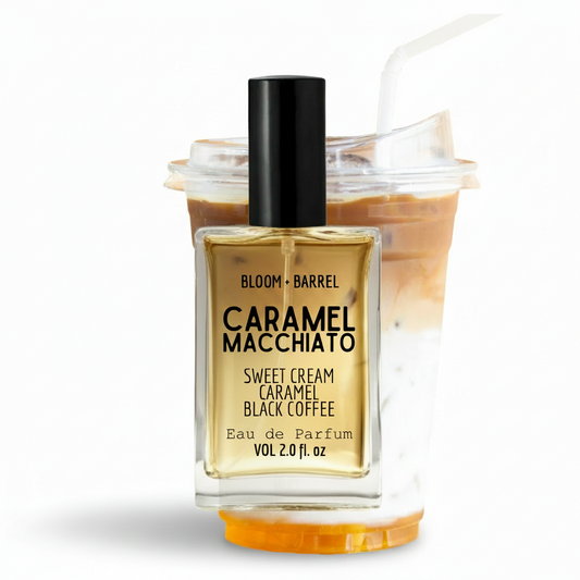 Bloom + Barrel Caramel Macchiato Eau de Parfum bottle in front of an iced coffee cup graphic on a white background.