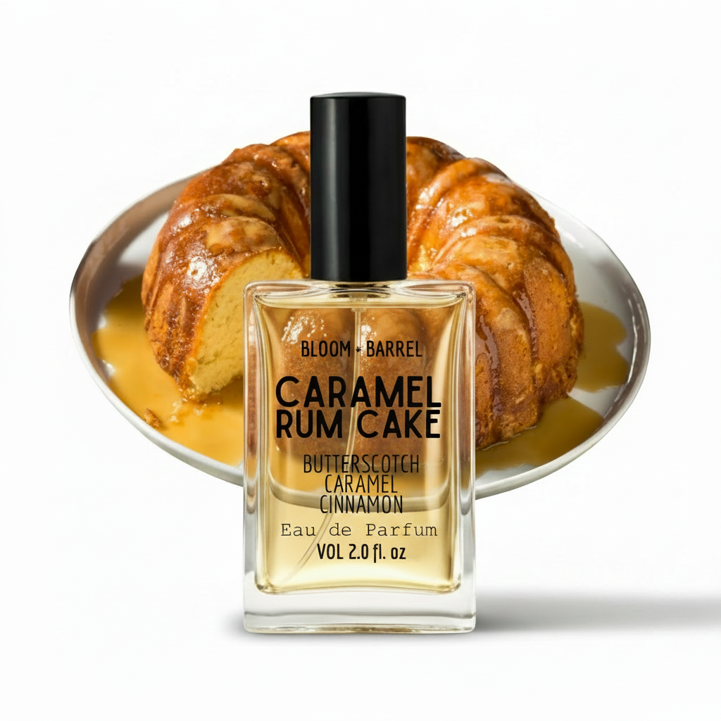 Perfume bottle labeled 'Caramel Rum Cake' with a bundt cake in the background