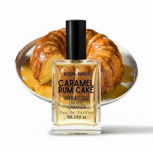 Perfume bottle labeled 'Caramel Rum Cake' with a bundt cake in the background
