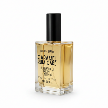 Perfume bottle labeled 'Caramel Rum Cake' by Bloom & Barrel on a white background