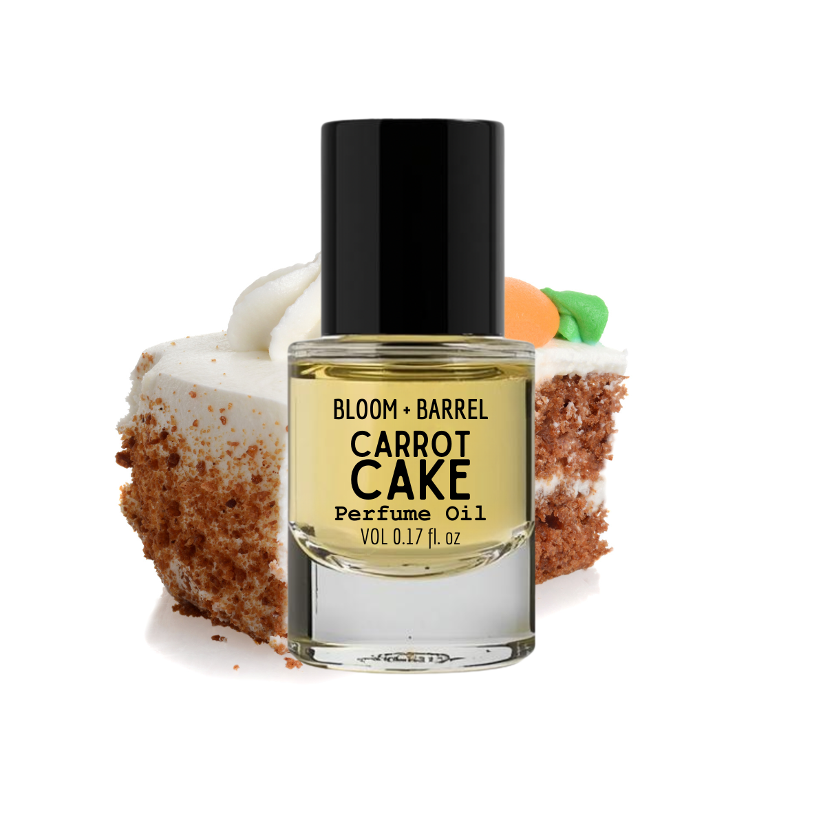 Bottle of Bloom & Barrel Carrot Cake perfume oil with a slice of carrot cake in the background