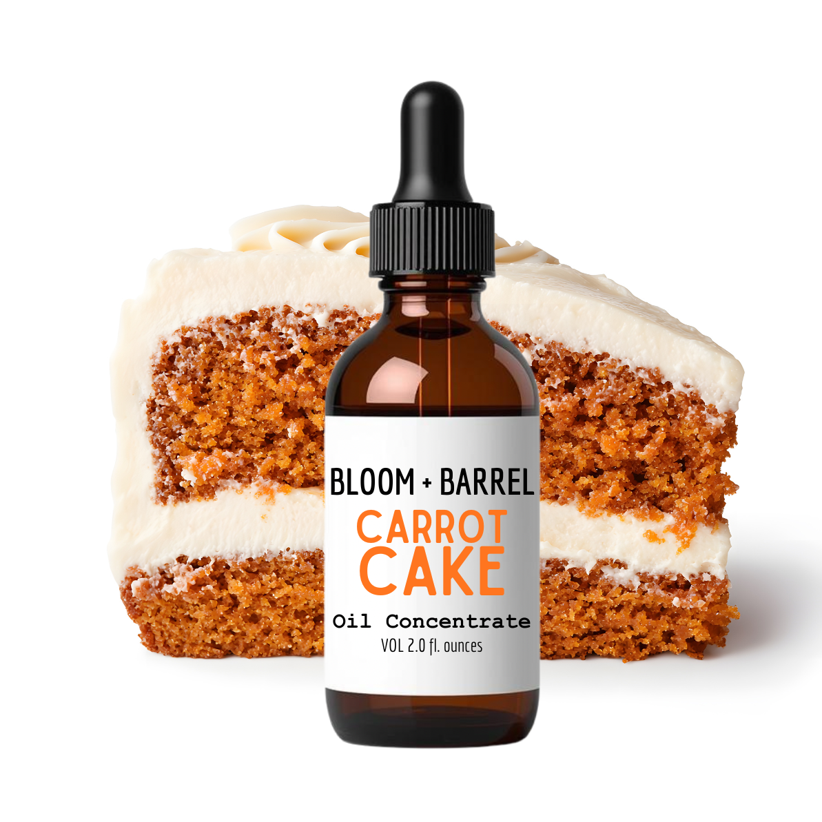 Bottle of Bloom + Barrel Carrot Cake oil concentrate with a slice of carrot cake in the background.