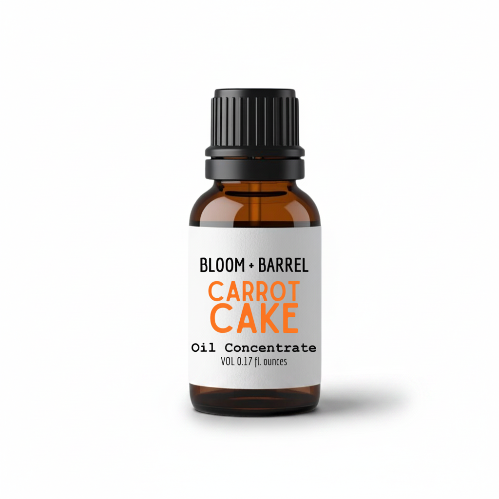Bottle of Bloom & Barrel Carrot Cake oil concentrate on a white background