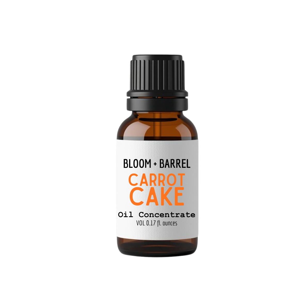 Bottle of Bloom & Barrel Carrot Cake oil concentrate on a white background