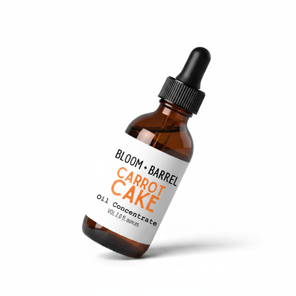 Bottle of Bloom + Barrel Carrot Cake oil concentrate on a white background