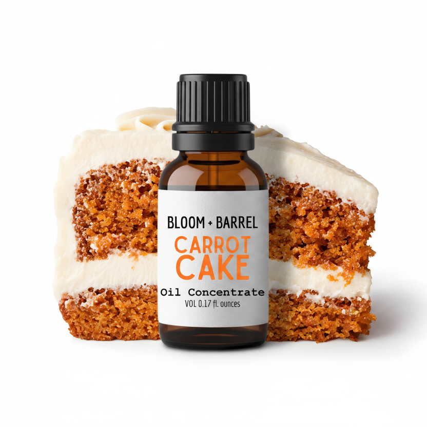 Bottle of Bloom & Barrel Carrot Cake oil concentrate with a slice of carrot cake on a white background