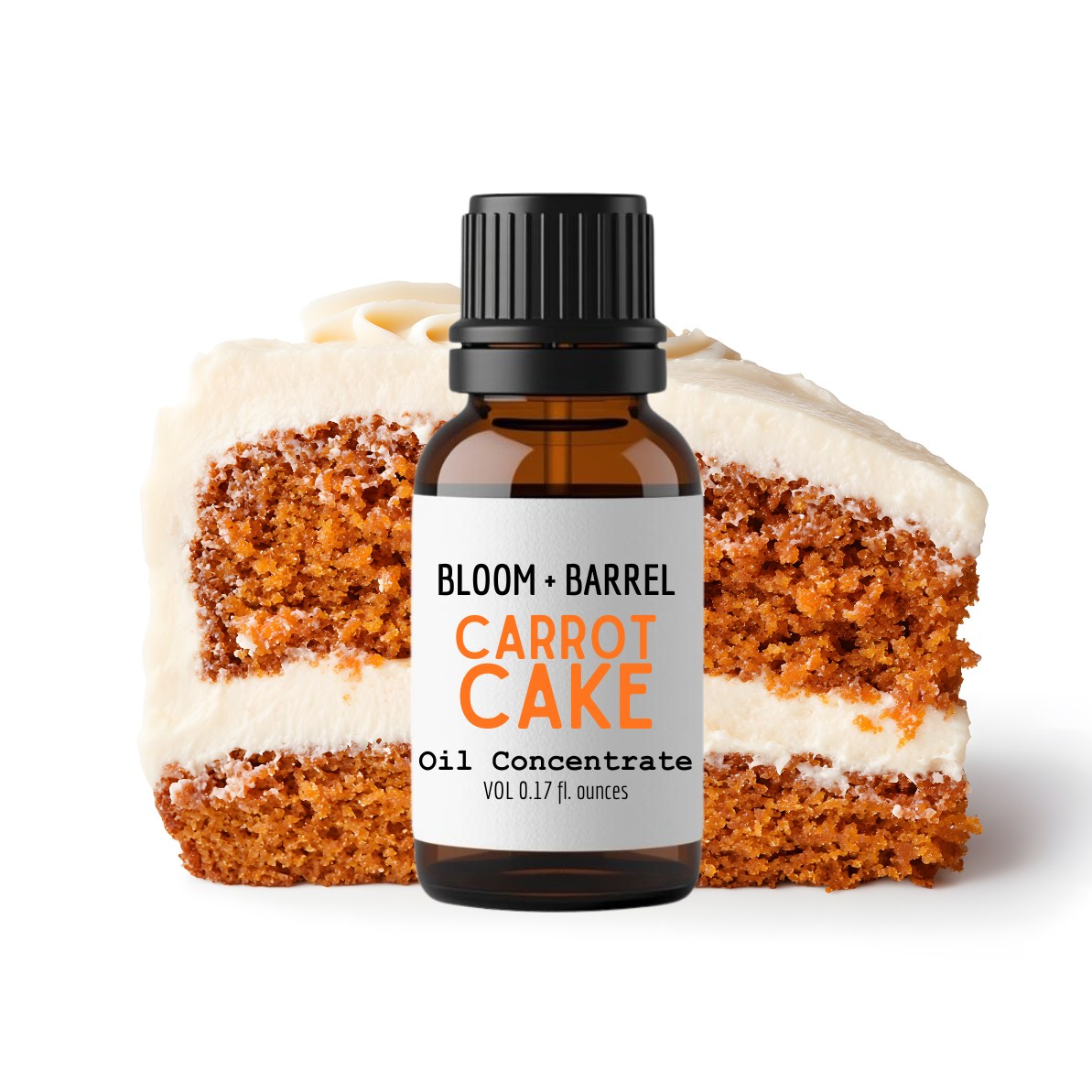 Bottle of Bloom & Barrel Carrot Cake oil concentrate with a slice of carrot cake on a white background