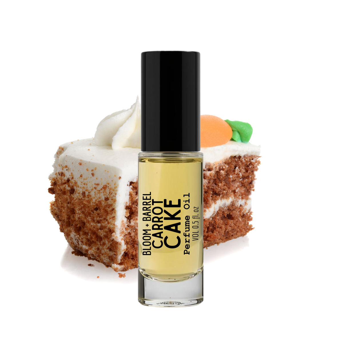 Perfume bottle labeled 'Carrot Cake' with a slice of carrot cake in the background