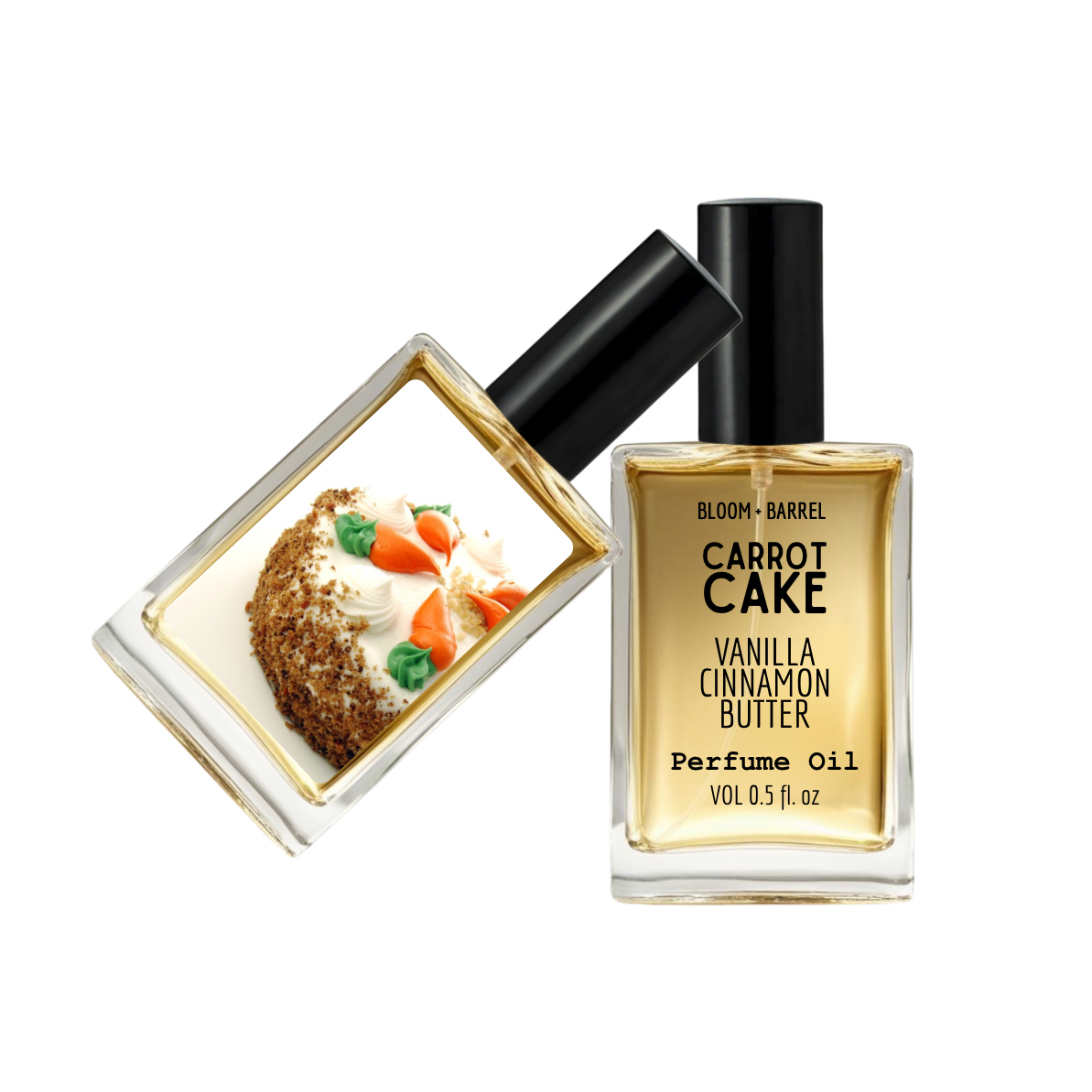 Carrot cake vanilla cinnamon butter perfume oil with a decorative cap on a white background